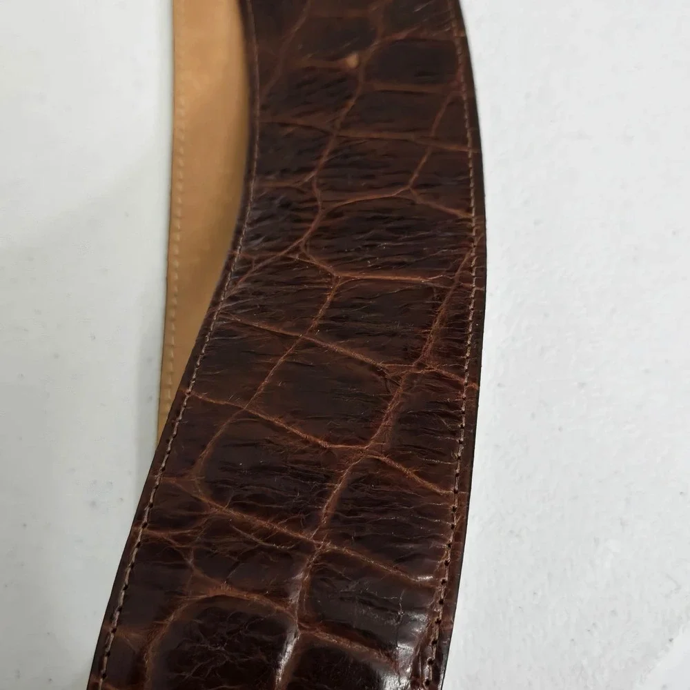 Streets Ahead Women's Brown Croc Embossed Leather Belt Gold Scroll Buckle Medium